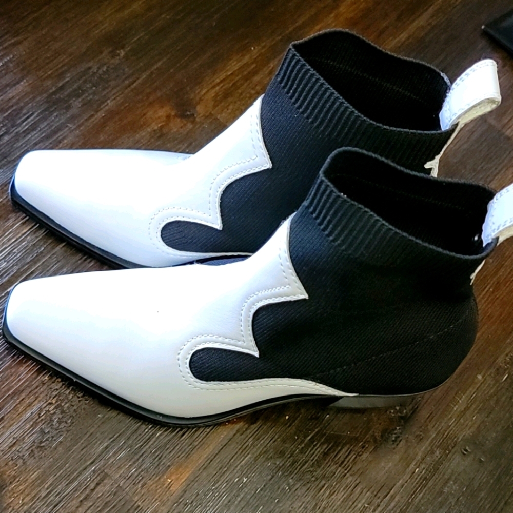 Zara white and black leather fabric western bootie